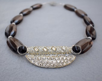 Smoky Quartz Necklace with Rhinestones OOAK