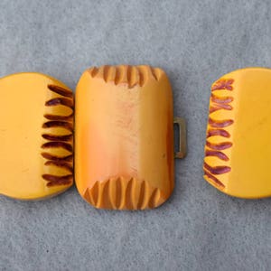 Carved Butterscotch Bakelite Hinged Buckle Mid Century Vintage image 1