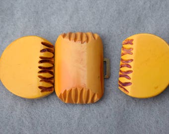 Carved Butterscotch Bakelite Hinged Buckle Mid Century Vintage