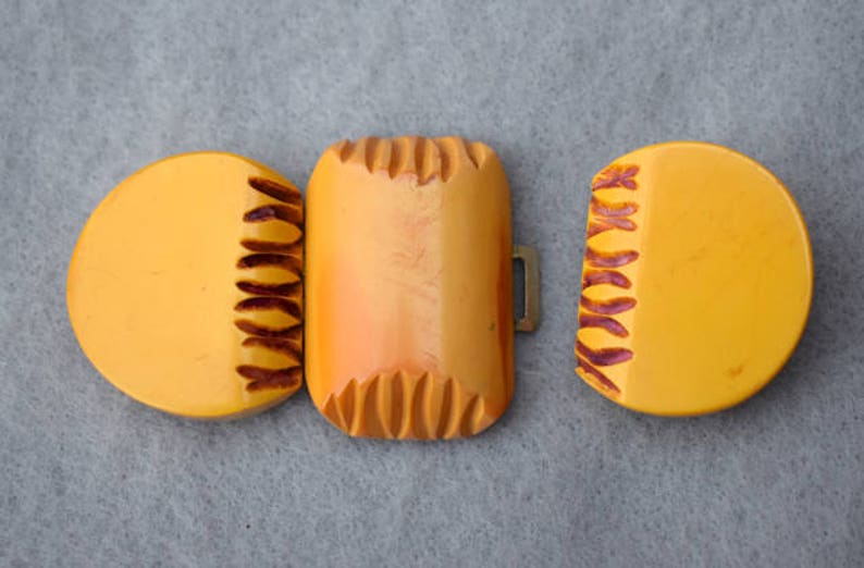 Carved Butterscotch Bakelite Hinged Buckle Mid Century Vintage image 1