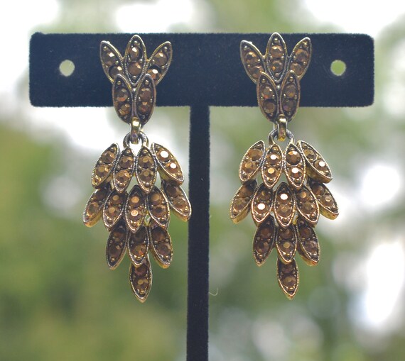 Aurum Rhinestone Dangle Clip Earrings Gold Tone V… - image 2
