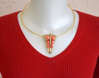 Convertible Salmon Color Beaded Brass Dress Clip on Neck Ring Necklace