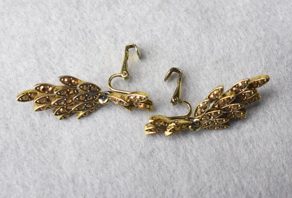 Aurum Rhinestone Dangle Clip Earrings Gold Tone V… - image 8
