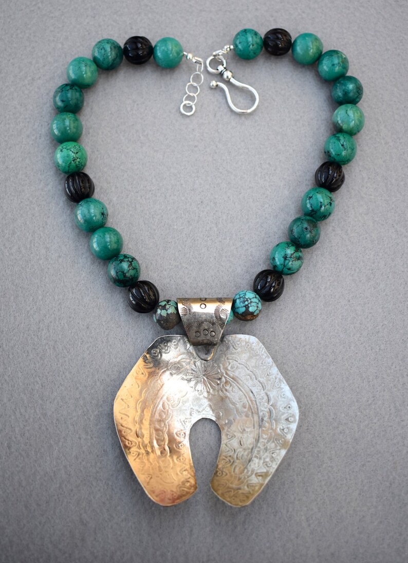 Turquoise and Black Onyx with Silver Tone Southwest Focal Necklace and Earrings image 5