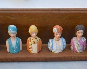 Avon Fashion Silhouettes Thimble Collection of 8 with Hanging Stand 1980's Vintage