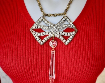 Rhinestone Bow and Chandelier Crystal Necklace OOAK
