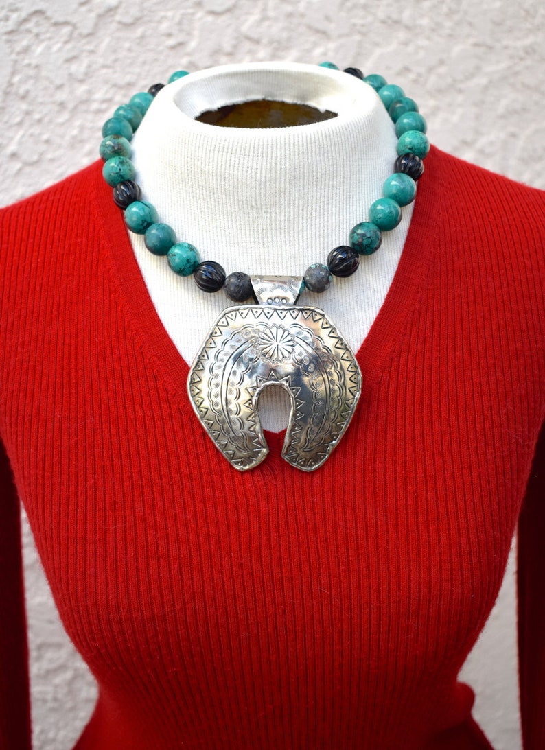 Turquoise and Black Onyx with Silver Tone Southwest Focal Necklace and Earrings image 1