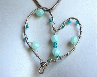 Aqua Blue Crystal Beads Wire Wrapped Heart Necklace