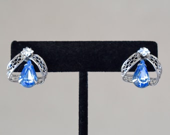 Sterling Blue Rhinestone Filigree Pierced Earrings Mid Century Vintage