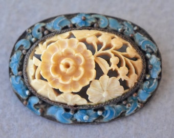 Chinese Export Carved Bone and Enamel Brooch Vintage