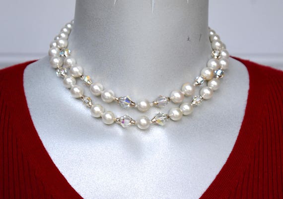 Faux Pearl and AB Bicone Bead Japan Necklace Vint… - image 4