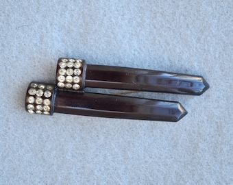 Celluloid Brooch Dark Chocolate Brown with Rhinestones Vintage