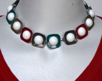 Square Enameled Metal Links with Plastic Cabs Choker Necklace Vintage