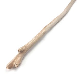 May include: A light brown driftwood stick with a natural curve and a small branch off the main stick.