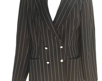 Vintage State of Claude Montana Italy Black Chalk Stripe with Metallic Thread Double Breasted Blazer sz 6 US  sz 40 EU  Vintage 1980's