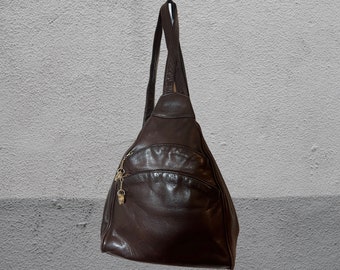 Perlina 90's  Vintage Chocolate Brown Leather Sling Style Backpack