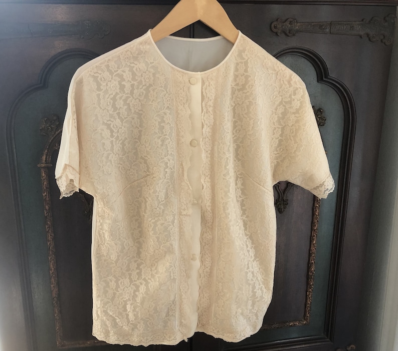 Vtg Lingerie Ivory Lace Front /& Nylon Sears Button Front Bed Jacket sz 34 1960s