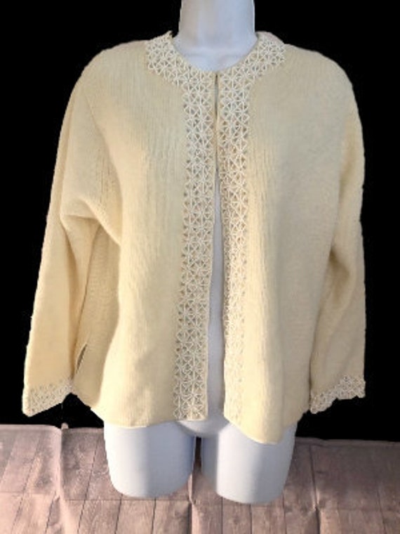 Beaded Ivory Wool  Lined Cardigan Mid Century Leda