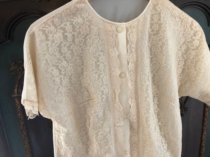 Vtg Lingerie Ivory Lace Front /& Nylon Sears Button Front Bed Jacket sz 34 1960s