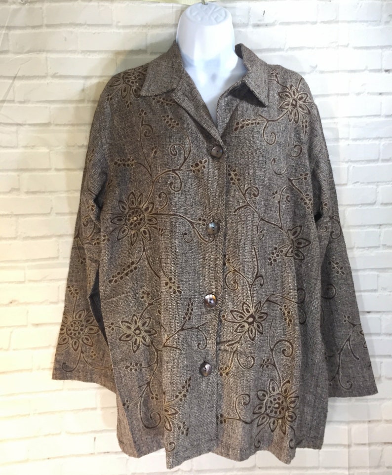 Vtg Chico/'s Silk Embroidered Shirt Jacket in Brown sz 1 New Old Stock