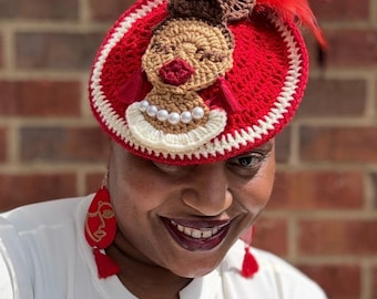 Crochet Red & Cream fascinator hat