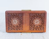 Beautiful Vintage Bohemian Hand Carved Wooden Jewelry Trinket Box With Shell Inlay and Brass Handles