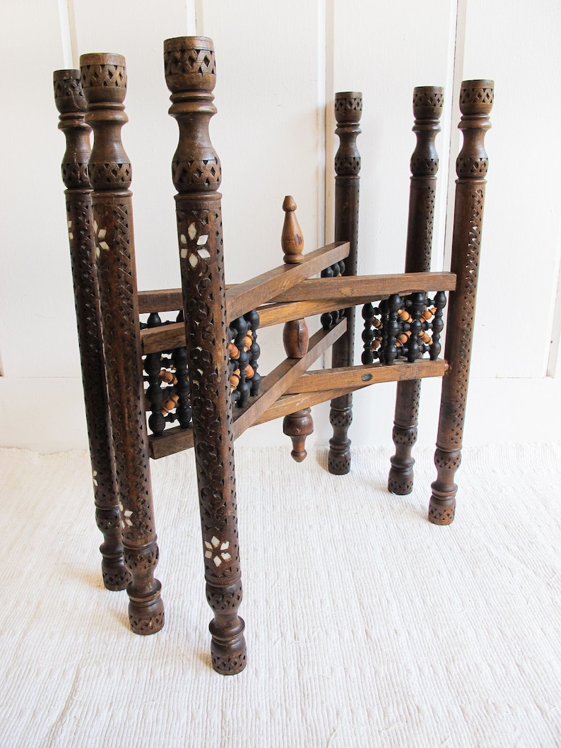 Mixed Metal Copper Top Tray Table with Folding Wood Legs with Inlay image 4