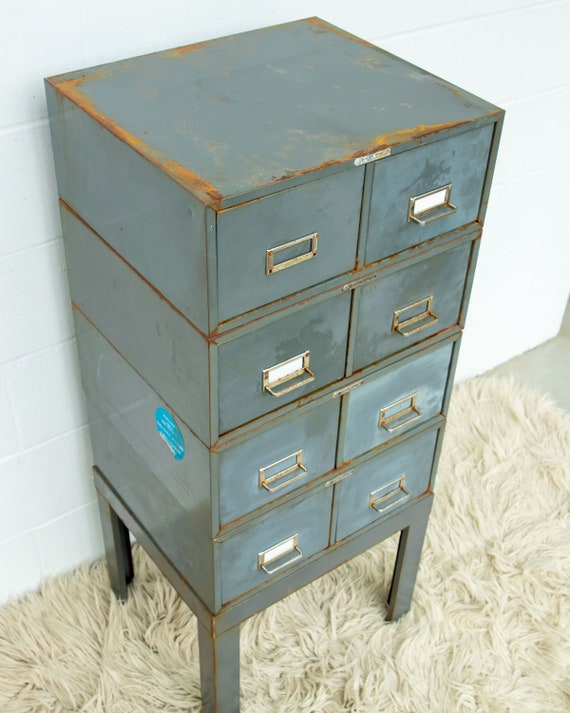 Silver Steel Industrial Index Card File Cabinet With 8 Drawers and