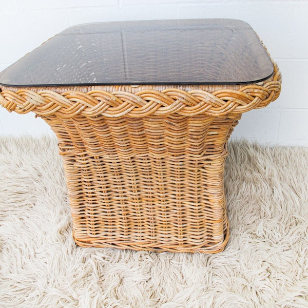 Wicker End Table With Glass Top Etsy