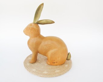 Wood Carved Bunny Rabbit with Brass Ears and Tail