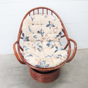 Bamboo Nest Pampasan Chair with Tan and Blue Cushion in Dark Stain image 1