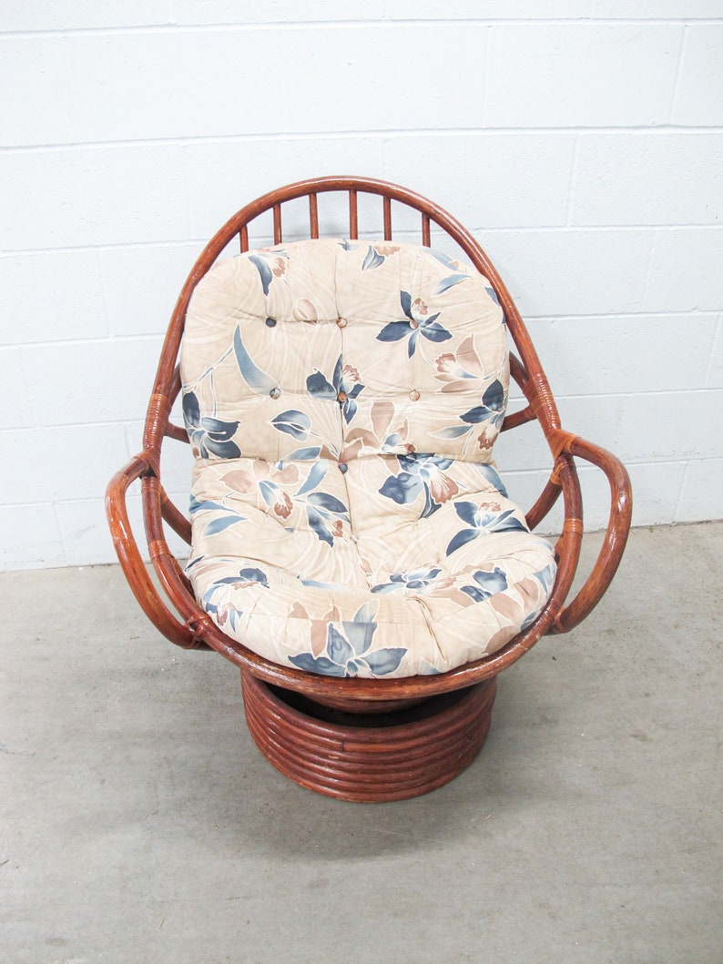 Bamboo Nest Pampasan Chair with Tan and Blue Cushion in Dark Stain image 1