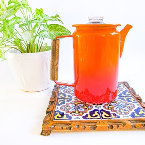 Midcentury Modern Orange Ombre Enamelware Metal Coffee Percolator with Wood Handle and Glass Top Accenting