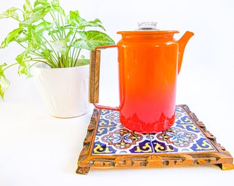 Midcentury Modern Orange Ombre Enamelware Metal Coffee Percolator with Wood Handle and Glass Top Accenting