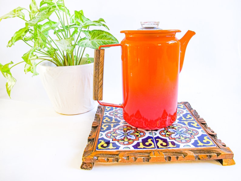 Midcentury Modern Orange Ombre Enamelware Metal Coffee Percolator with Wood Handle and Glass Top Accenting image 1