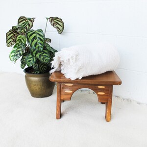 Small Wood Stool with Inlay Detail Block Carved Legs image 9