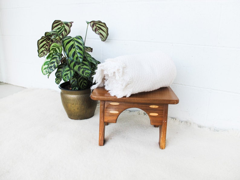 Small Wood Stool with Inlay Detail Block Carved Legs image 9