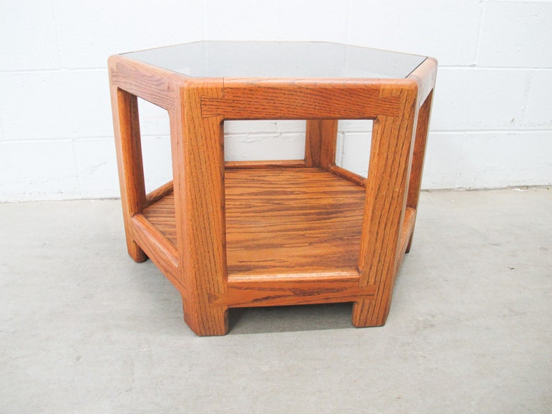 Midcentury Hexagon Table with Frosted Black Glass image 1