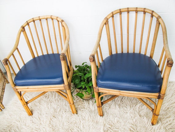 Bamboo Chair Set With Blue Faux Leather Seat Cushions -  Israel