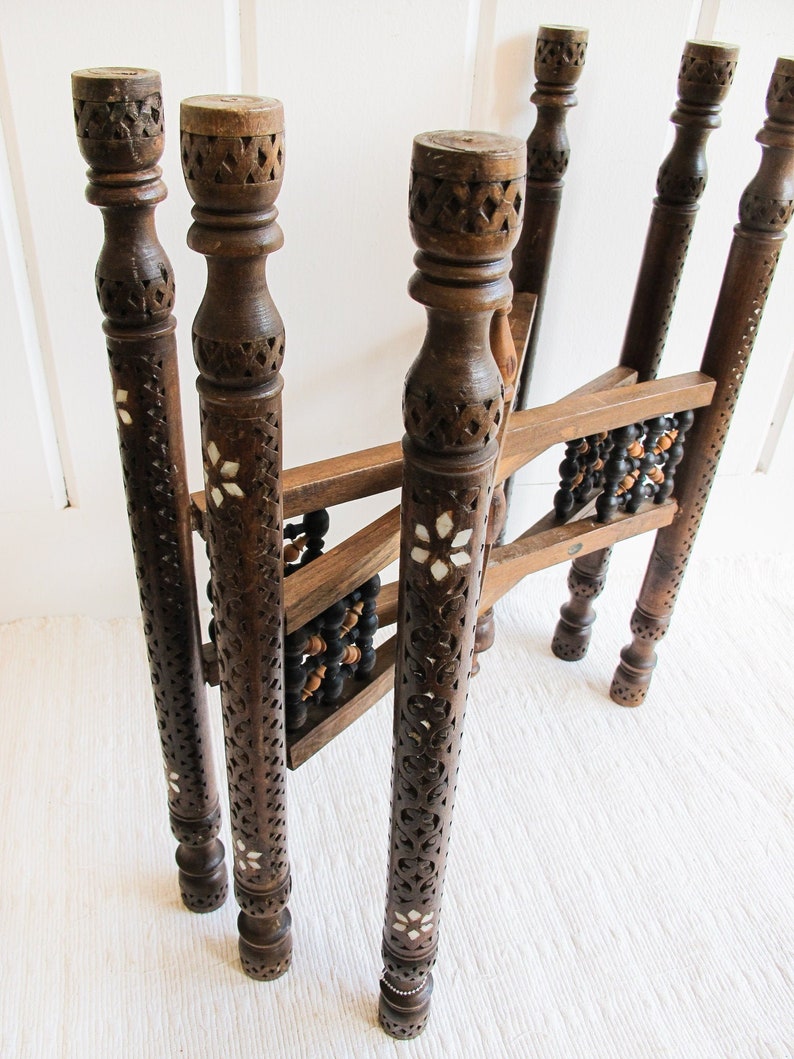 Mixed Metal Copper Top Tray Table with Folding Wood Legs with Inlay image 3