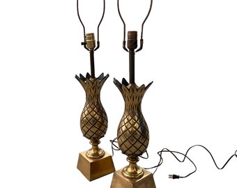 Set of 2 Tall Brass Pineapple Lamps Holly Wood Regency