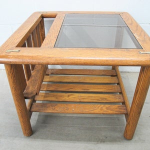 Vintage Oak End Table with Magazine Rack and Glass Top image 4