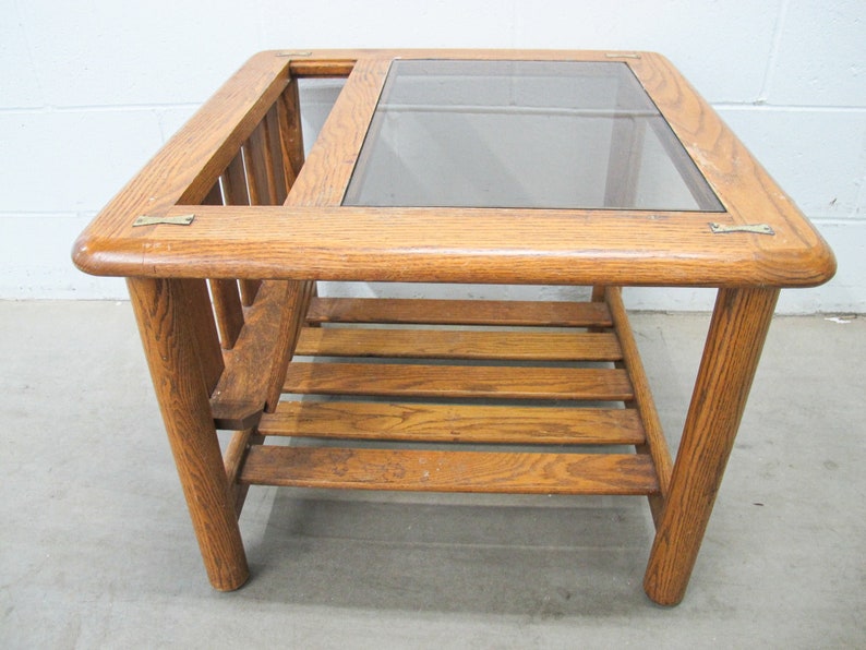 Vintage Oak End Table with Magazine Rack and Glass Top image 4