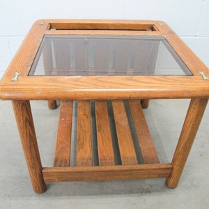 Vintage Oak End Table with Magazine Rack and Glass Top image 10