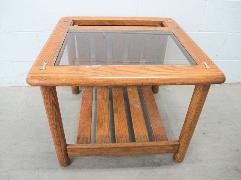 Vintage Oak End Table with Magazine Rack and Glass Top image 10