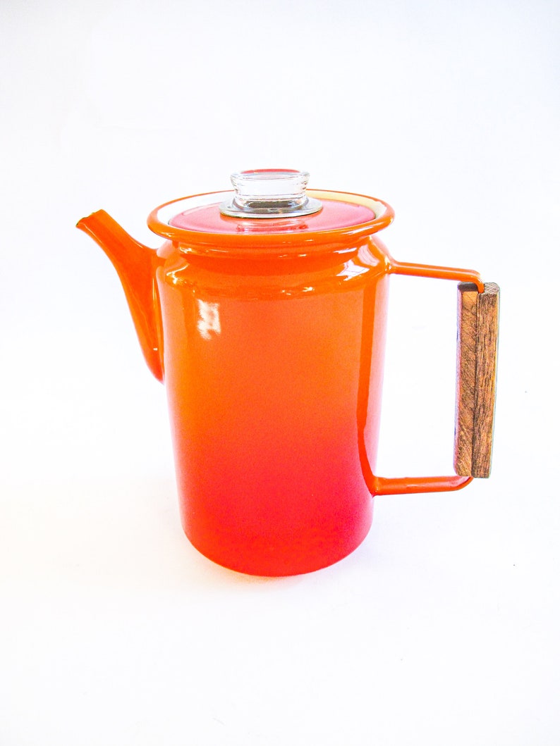 Midcentury Modern Orange Ombre Enamelware Metal Coffee Percolator with Wood Handle and Glass Top Accenting image 4