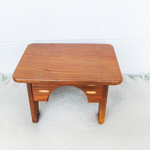 Small Wood Stool with Inlay Detail Block Carved Legs image 8