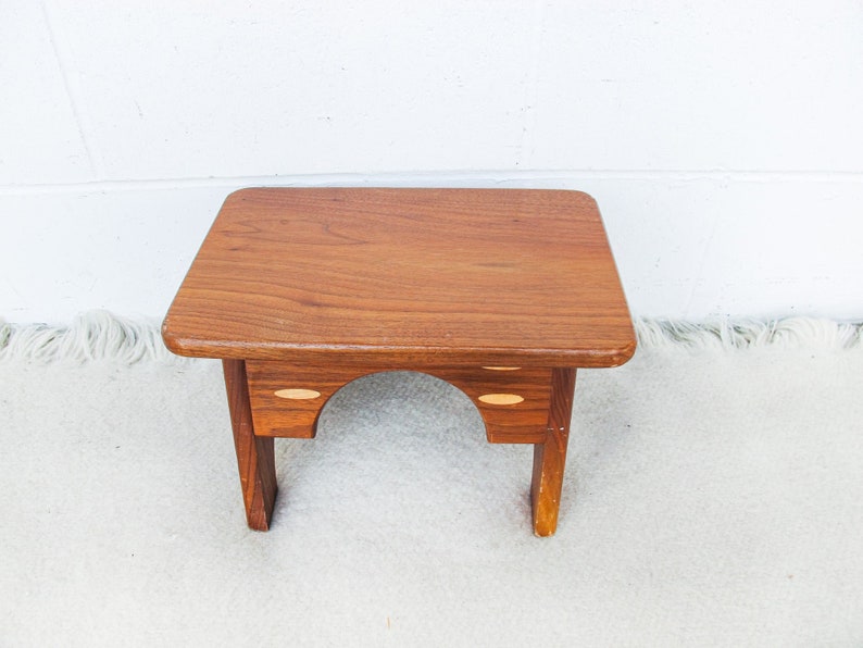 Small Wood Stool with Inlay Detail Block Carved Legs image 8