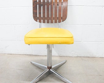 Midcentury Rotating Vinyl Chair with Slatted Wood Back and Chrome Base
