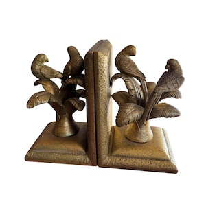 Set of 2 Gold Palm Bookends and Birds Resin White Lotus Hollywood Regency